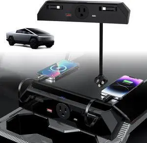 USB Charger Hub for Tesla Cybetruck with 110V AC Outlet & Retractable Cables - Seamless Integration, 30W PD/QC3.0 Fast Phone Charge, Center Console Docking Station Accessories