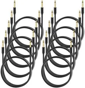 10 Pack Guitar Cable ft 1/4'' Straight to Instrument 6.35 mm Male Jack Stereo Audio Interconnect Cord Black Balanced for Amplifier Keyboard Electric Bass Amp