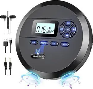 CD Player Portable with Speakers & FM Transmitter, Rechargeable Compact for Car Built-in 2000mAh, LCD Screen, Earphones, AUX Cord