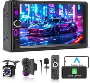 7" Wireless Double Din Car Stereo Carplay Radio Screen for Audio Receivers, with Backup Camera, Play Android Auto Touchscreen, Mirror Link, Bluetooth, SWC, AM/FM, Type-C