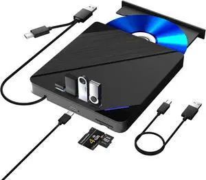 External Blu ray Drive, 7 in 1 Support 100G Disc R/W, USB3.0 Type-C Bluray Drive BD DVD CD Burner with 4 USB Ports, SD/TF Card Slot Compatible Windows Linux MacOS (Blu &CD &DVD)