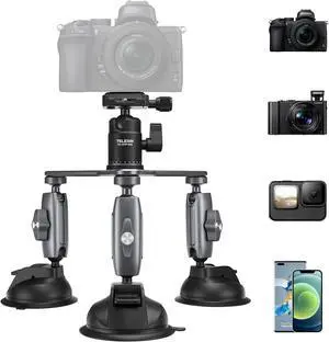 Triple Suction Cup Camera Car Mount Holder, Heavy Duty Tripod Window Windshield Dash Dashboard Inside Outside Sucking Attach Accessories for GoPro Insta360 DJI Action Osmo Pocket DSLR Accessory