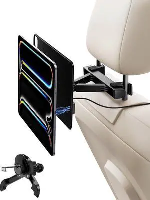 KUXIU Magnetic Wireless Charging Car Headrest Tablet Holder for iPad Pro 13'' M4 [2024]Only, Back Seat Mount Kids, Road Trip Essentials Trave with Air Vent Stand, 2M USB-C Cable