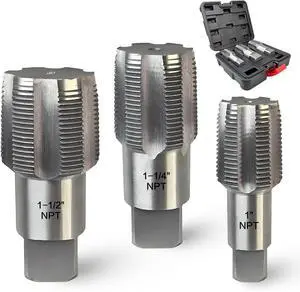 3-Piece NPT Pipe Tap Set, Precision Carbon Steel Set for Clean Accurate Threads, 1", 1-1/4", 1-1/2" Tap, Perfect Plumbers Mechanics DIYers, with Durable Plastic Case.