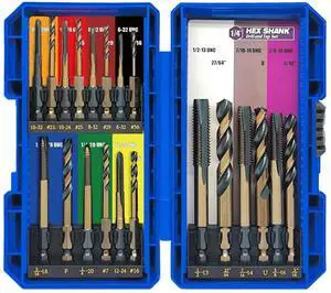 Drill and Tap Set 20pc - Hex Shank Bits & Thread Taps for Metal | MRO Industrial Use Quick-Change Combination tap 6-32UNC to 1/2"-13UNC Impact Driver