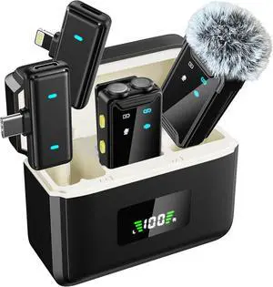 Mini Microphone for iPhone Android  Wireless Lavalier Mic(2TX+2RX+Charging Case) with Dual Mics Noise Cancelling, 48H Battery, 164FT Range for YouTube, TikTok, Vlogs, Interviews