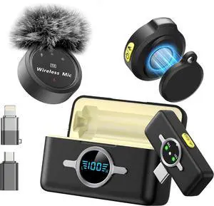 Wireless Lavalier Microphone for iPhone/Android, Professional Microphone with Custom Wind Muff, Noise Cancellation, Includes Type-C/Lightning Connectors, 300ft Range for Recording, Streaming