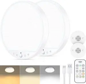 Recharge 8W Motion Sensor Ceiling Light Indoor, Wireless Magnetic Stick-On, Remote Control for Color & Brightness, Battery Operated Light for Shower, Closet, Bathroom, Pantry, Hallway, 2-Pack