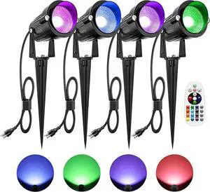 10W Christmas Spotlights Outdoor Spot Lights for Yard, LED RGB Color Changing Landscape Lighting Plug in, 120V Waterproof Remote Control Spotlight for House Garden Halloween Decoration(4Pack)
