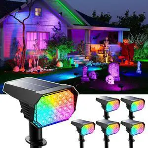 6 Pack Color Changing Solar Powered Outdoor Spot Lights for Halloween Decorations, Skeletons, Tombstones, Ghost, Outside Landscape Waterproof 24 LEDs Spotlights for House Yard Tree, Garden, Statues