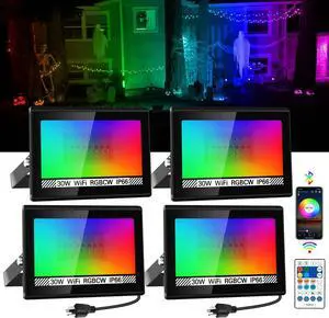 RGB LED Flood Light Outdoor 300W Equivalent, 30W Bluetooth RGBCW Sm Floodlights 2700K, 16 Million Color Changing, Timing, Music Sync, IP66 Waterproof Landscape Lighting with US Plug (4 Pack)