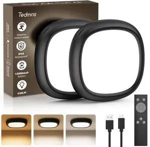 2 Pack Motion Sensor Recharge Ceiling Light with Remote, IP54 Waterproof 12000mAh Wireless Shower Light, Battery Operated Closet Light Sensored Indoor LED Overhead Lighting No Wi for Garage