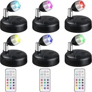6 Pieces Battery Operated Spotlights Indoor LED Wireless Spotlight Indoor 13 Color up Lights with Rotat Light Head Stick on Wall Hallway for Painting Picture work Closet (Black)