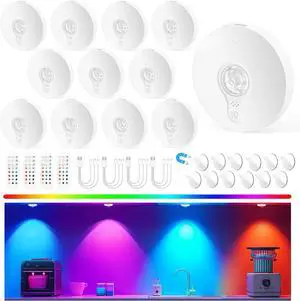 Recharge Puck Lights with Remote, 12 Pack Magnetic Under Cabinet Lighting, 1500mAh Battery Operated LED Tap Lights with Dimmer & Timmer for Kitchen, Closet, Shelf - 3 Color Temps & 12 RGB, White