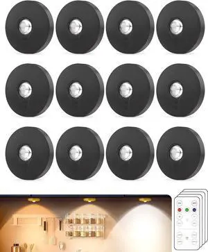 Recharge Puck Lights, 12-Pack LED Tap Lights with Remote, 1500mAh Battery, Dimmer & Timer, Wireless Stick-On Under Cabinet Lights for Closet, Bedroom, Kitchen, Black