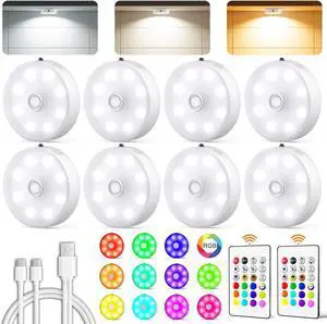 Puck Lights with Remote Control, Recharge Under Cabinet Lighting, 3 Color Temps, 12 RGB Color LED Motion Sensor Lights Wireless, Dimm Under Counter Lights for Closet, Kitchen