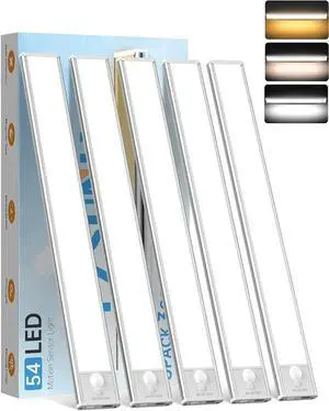 Under Cabinet Lighting,54 LED 1800mAh Recharge,Motion Sensor Light,3 Colors Dimm,Magnetic Closet Lights,Indoor Night Lights for Kitchen Bedroom Stairs 5 Pack