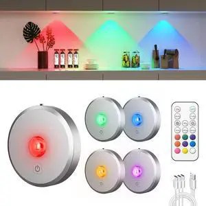 RGB Puck Lights with Remote Control, 2000mAh Recharge Stick on Led Lights, 9 Colors & 2 Dynamic, Tap Light with Timing,Under Cabinet Lighting for Closet,Kitchen,Cabinet,Shelf(Silver, 5 Pack)