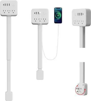 Electrical Outlet Extender Stick, 180° Rotating Surge Protector Power Strip, Featured 3 AC and 4 USB Ports, Multi Plug Wall Outlet Splitter | Ideal for Behind Couches, Nightstands, Desks | White (2)