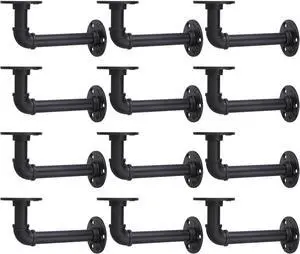 Shelf Brackets, 12 Pack Industrial Pipe Floating Shelf Bracket, Heavy Duty Wall Mount Shelf Brackets & Supports, Vintage Black Iron Finish DIY Pipe Brackets for Shelves (7*4 Inch)