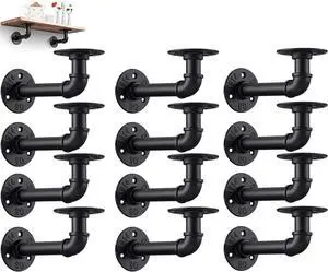 Industrial DIY Pipe Shelf Brackets,Vintage Black Iron Wall Mount Pipe Shelving Bracket, Rustic Home Pipe Shelf, 12 Pack