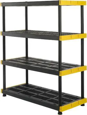 BLACK & YELLOW, 4-Tier Heavy Duty Plastic Storage Shelving Unit, 200lbs/shelf (55"H x 48"W x 20"D), for Indoor/Outdoor Organization, Modular Rack