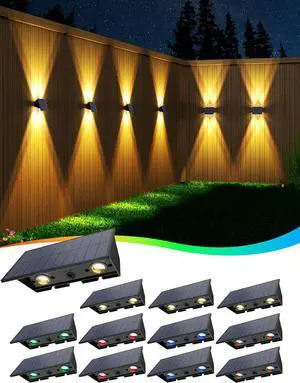 Solar Fence Lights,12 Pack Solar Lights Outdoor Warm White + RGB Up & Down Solar Wall Lights Waterproof 100 Lumens Dusk to Dawn Solar Powered Fence Light for Backyard/Pool/Railing/Patio/Porch/Step