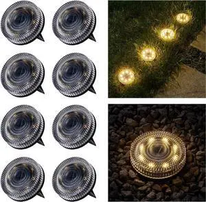 Glass Solar Ground Lights with Crystal Style, Modular-Design Waterproof In-Ground Light for Patio Pathway Lawn Yard Deck Walkway, Decorative Disk Lighting for Garden Bed, Warm White (8 Pack)