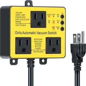 Automatic Vacuum Switch with Extra Outlet for Using More Power Tools,  Dust Control Autoswitch Delay Vacuum On/Off to Prnt Circuit Overload and Tripping, Adjust Actuation Threshold, Yellow