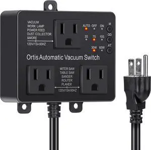 Automatic Vacuum Switch with Extra Outlet for Using More Power Tools,  Dust Control Autoswitch Delay Vacuum On/Off to Prnt Circuit Overload and Tripping, Adjust Actuation Threshold, Black