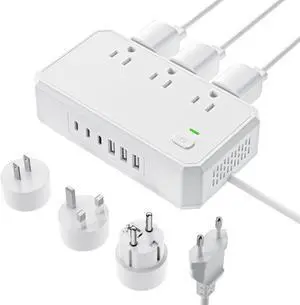 US to Europe Travel Adapter 220V to 110V Voltage Converter with 4.5A 6-Port USB Charging and UK/AU/US/EU Worldwide Plug Adapter