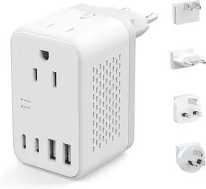 2000W 220V to 110V Voltage Converter US to Europe, Power Converter with Type C, A, G, I Plugs, 2 USB C & 2 USB A Ports, European Travel Converter for Hair Dryer, Curling Iron, Straightener, Chargers