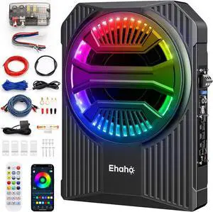 Slim Under Seat Subwoofers with AMP, 10 inch Powered Subwoofer with Amplifier and RGB Lights, APP and Remote Control for Music Sync and Lighting Chasing Effects, Car Truck Audio Subwoofer