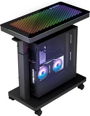 Height Adjust Computer Tower Stand, Illnated Glass Panel PC Stand w/RGB Lights, 2-Tier CPU Holder C Under Desk, PC Floor Stand for Office Gaming, APP Control