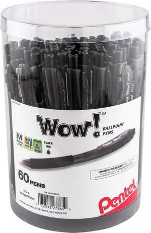 WOW! Ballpoint Pen, (1.0mm) Medium Line, Black Ink, Pack of 60, Canister (BK440PC60A)
