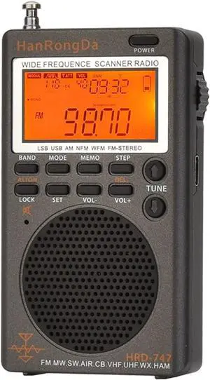 HRD-747 SSB Shortwave Radio FM MW SW CB AIR VHF UHF UBD WX Wide Frequence Receiver with NOAA Alert and Sleep Timer,  FM Stereo Recharge Digital Radios with Clock and 9.7ft Wire Antenna