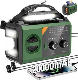 20000mAh Solar Hand Crank Emergency Radio - NOAA Weather Alert AM/FM Radio with Power Bank, 3 Mode Flashlight, Reading Lamp, USB-C & SOS - Essential for Power Outages, Survival Kits, Camping