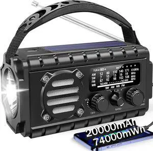 20000mah Emergency Radio, SW/NOAA/AM/FM Weather Radio, Solar Powered Hand Crank Chager with Bige Batery Powered,Port,Cellphone Charge,SOS,Flashlight for Emergency/Home (Black)
