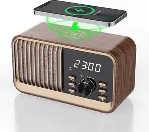Alarm Clock Radio with Fast Wireless Charging,Support Bluetooth 5.3/FM Radio/USB Port/TF Card/Aux in,8W Stereo Sound Speaker,Snooze,Hands-Free Calling,Dimm Clock Radios for Bedroom