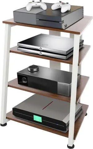 AV Media Stand, 4-Tier Multifunctional Modern Stereo Cabinet, Trapezoid Shape DVD Storage Rack, Audio Equipment Vertical Storage Shelf for TV Accessories, CD Changer, Receiver, Woofer (White)