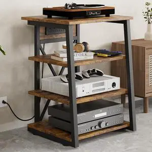 AV Media Stand with Power Outlet, 4-Tier Media Console Stereo Stand with Adjust Shelves, Corner Audio Rack Tower for Record Player, DVD, Game Console, TV Box