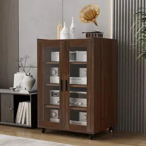 Media Storage Cabinet, Audio-Video Media Stand,Stereo Cabinet with 4 Height-Adjust Shelves, AV Rack with Glass Doors for Meeting, Living, Recording Room, Brown