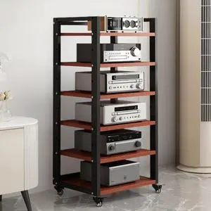 6 Tier AV Media Stand, Mov Record Player DVD CD Audio Rack Tower Holder, Adjust Entertainment Video Game Equipment Console Shelf for Home/Office/Theater (Brown)