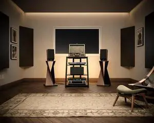 Design Stereo Cabinet 4-Tier Media Cabinet with LED Backlight Integrated Power Wooden Media Stand with Adjust Shelves for Turnts Record Player Stereo Receiver CD Players AMP