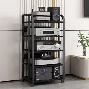 5-Tier AV Media Stand with Wheels, Audio-Video Shelving Adjust, Modern Stereo Cabinet Receiver Console Shelf, Audio Component Rack for Home/Office/Theater, Blcak