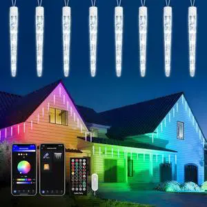 Sm Icicle Lights for Outside - 31.2ft with 20 Tubes 100 LED Color Changing Icicle Christmas Lights Decoration - APP Controlled RGB Customize Display DIY Dynamic Lighting Effect