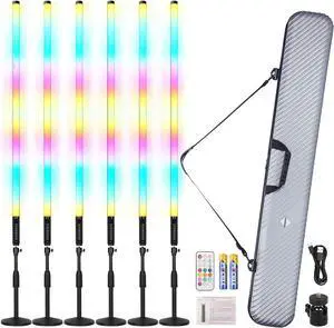 6Pack RGB Tube Light 4ft Recharge 4800mAh DJ Lights Tube Bar with Case Wireless Colorful Neon Lights Bar Stand for Stage Py nt Wedding Photo Booth Studio Light Stick