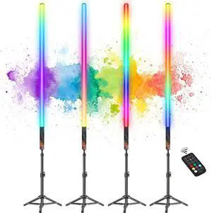 4Pack RGB Tube Light Bar with Light Stand, Battery Powered LED Video Light Wand Stick with Remote Control for DJ Lighting, Dance Club and Photography Lighting (2.8Ft)