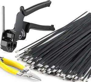 Metal Zip Ties Black,With Special Fastening And Cutting Tools,150 Pcs 11.8 Inch,Multi-Purpose Stainless Steel Cable Ties, Suitable For Agricultural Fencing, Garden Chain Link Fence xing, Pipe Tying.