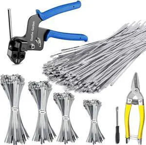 Stainless Steel Cable Tie Gun Set, with 150PCS Metal Zip Ties (Includ 6, 7.8, 9.8, 11.8 Inch), Adjustable Fastening Cutting Tie Tool Sets for Fencing, Exhaust Pipes, Automotive